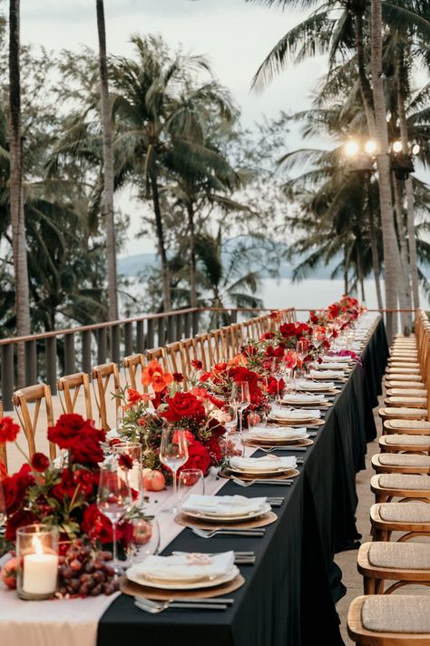 Wedding Colour Palettes, Beach Wedding Red, Red Birthday Party, Hacienda Wedding, Popular Wedding Colors, Red Wedding Decorations, Red Wedding Theme, Long Tables, Phuket Wedding