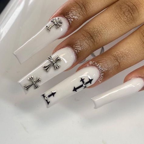 Milky White Nails With Cross, White Nails With Black Cross, White French Tip Nails With Cross Charm, White Nails With Cross Charm, All White Nail Designs, Gothic Cross Nails, Off White Nails Acrylic, White Nails Cross, Black And White Nails Long