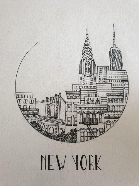 Nyc Skyline Sketch, New York City Drawing Easy, Line Art Drawings Building, How To Draw New York, New York City Doodles, New York Sketch Easy, New York Drawing Sketches, New York Sketches, New York Embroidery