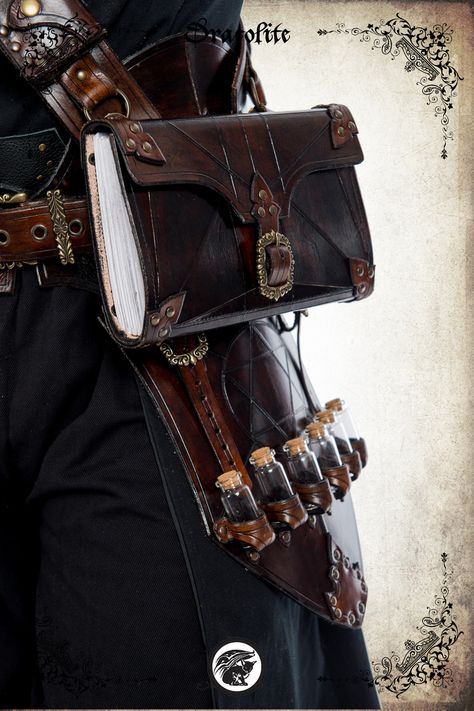 Fantasy Tool Belt, Dnd Bag Art, Multiple Belts Outfit, Goblin Accessories, Steampunk Fashion Men, Alchemist Outfit, Medieval Alchemist, Steampunk Mens Fashion, Alchemist Book