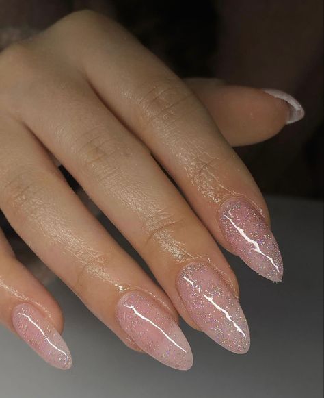 Natural Almond Acrylic Nails Sparkle, Natural Nails With Shimmer, Natural Pink Glitter Nails, Light Pink Nails Glitter, Light Pink Glitter Nails Acrylic, Clear Sparkle Nails, Light Glitter Nails, Pink Glitter Almond Nails, Natural Glitter Nails