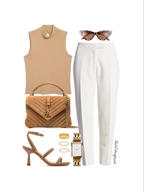 Beige Top White Pants, Trouser And Sandals Outfit, Beige Sleeveless Turtleneck Outfit, Beige Top Outfit Ideas, Brown Sleeveless Top Outfit, Turtle Neck Sleeveless Top Outfit, Summer Turtleneck Outfit, White And Brown Outfits For Women, Beige Handbag Outfit