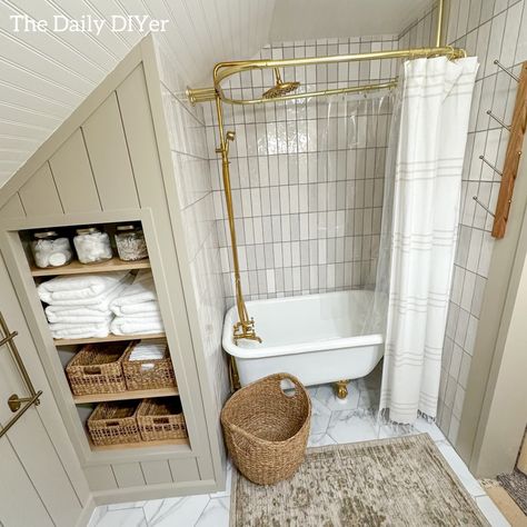 refinished 100 year old clawfoot bathtub Tiny Bathroom With Clawfoot Tub, Tiny Bathroom Clawfoot Tub, Claw Foot Shower Ideas, Small Clawfoot Tub Bathroom, Split Bathroom Ideas, Small Upstairs Bathroom, Small Clawfoot Tub, Claw Foot Tub Shower Combo, Small Bathroom With Clawfoot Tub