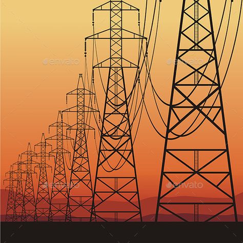 Electrical Power Lines by volyk Electrical power lines silhouetted against sky at sunset Sunrise Vector, Transmission Tower, Line Photography, Pole Art, Power Lines, Principles Of Design, Orange Sky, Orange Aesthetic, Computer Graphics