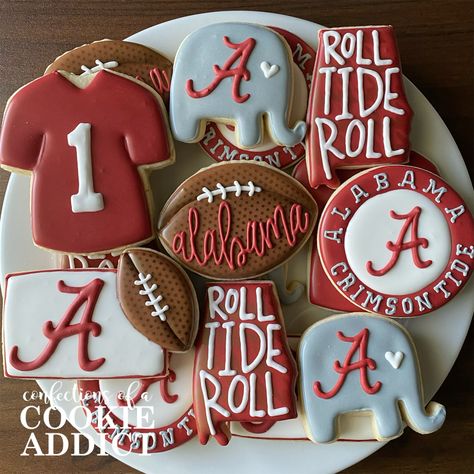 Alabama Cookies, Alabama Football Party, Alabama Birthday Cakes, Alabama Cakes, Holiday Theme Food, Football Sugar Cookies, Graduation Party Table, Football Cookies, Baseball Cake