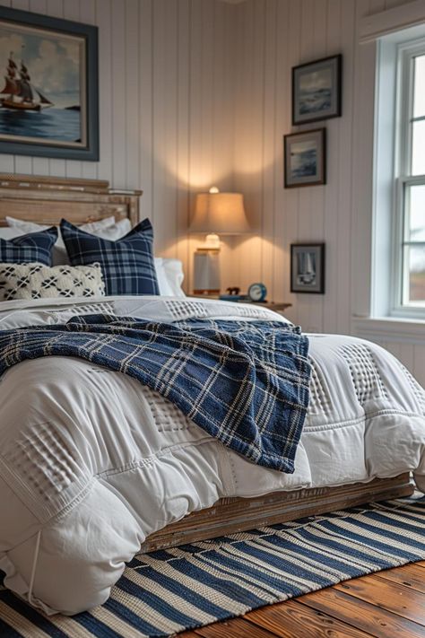 15 Aesthetic Coastal Bedroom Ideas for a Dreamy Retreat 35 Seaside Bedroom Aesthetic, Lakehouse Bedroom Master Suite, Nautical Bedroom Master, Nautical Guest Bedroom, Lakehouse Interiors, Bedroom Beach Decor, Nantucket Decor, Danish Bedroom, Curtains Aesthetic