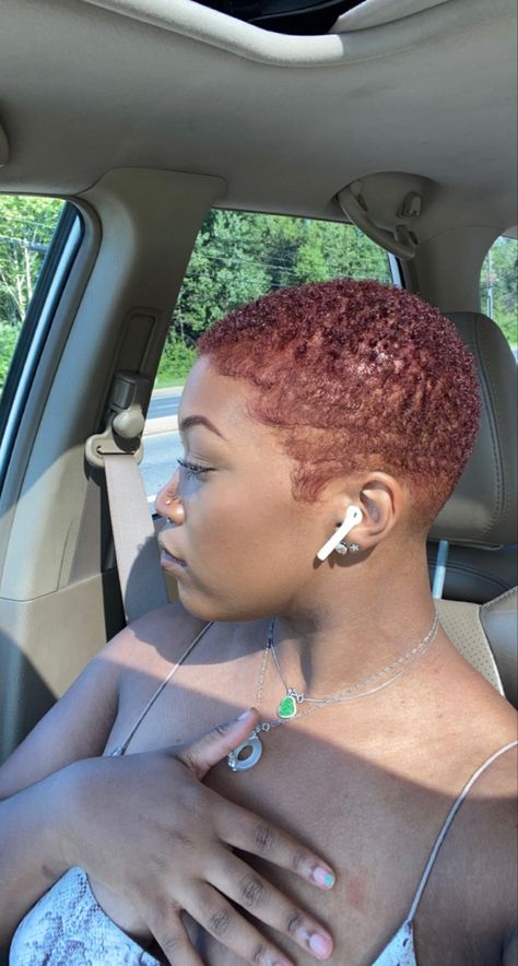 Dyed Hair Short Black Women, Red Hair Short Black Women, Big Chop Red Hair, Short Red Hair On Black Women, Auburn Brown Pixie Hair, Short Hair With Dye For Black Women, Burgundy Buzzcut Black Women, Short Hair With Curls For Black Women, Burgundy Short Natural Hair