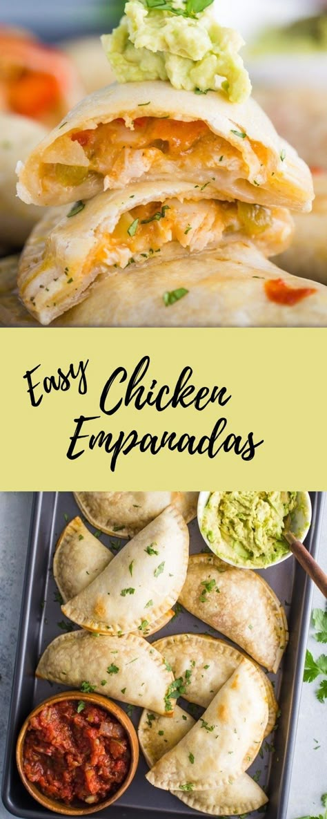 This Easy Chicken Empanadas recipe can be made in about 30 minutes and are a dinner that the whole family will absolutely love! The chicken empanada filling is so delicious that you'll want to eat it all by itself! Easy Chicken Empanadas, Chicken Empanadas Recipe, Empanada Filling, Chicken Empanada Recipe, Universal Yums, Chicken Empanada, Empanada Recipes, Easy Empanadas Recipe, Chicken Leftovers