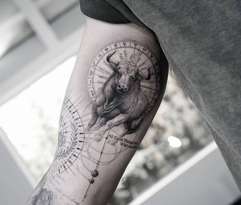 Bull Face Drawing, Ox Tattoo, Taurus Bull Tattoos, Back Of Arm Tattoo, Eagle Images, Taurus Tattoos, Bull Tattoos, Upper Arm Tattoos, Geometric Tattoos