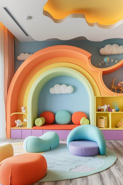 35+ Fun and Themed Kids' Playroom Ideas Rainbow Bedroom Ideas, Whimsical Playroom, Rainbow Shelves, Rainbow Interior, Climbing Structure, Shaped Shelves, Rainbow Playroom, Kindergarten Interior, Rainbow Bedroom