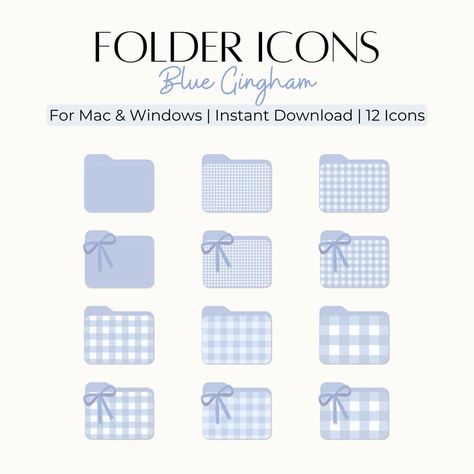 💙 12 Blue Gingham Folder Icons for Mac & Windows PC Elevate your digital workspace with our adorable Blue Gingham Folder Icons bundle! Perfect for organizing files and folders on both Mac and Windows PCs. This set includes 12 meticulously crafted icons, featuring a delightful blue gingham pattern. Six of these icons are adorned with a cute bow, adding an extra touch of sweetness to your desktop experience. Plus, enjoy the bonus of 6 organizer wallpapers to further personalize your desktop exper Blue Folder Icon, Goodnotes Icon, Coquette Aesthetic Icons, Windows Folder Icon, Mac Icons, Files Icon, Folder Icons For Mac, Apple Ecosystem, Desktop Folder Icons