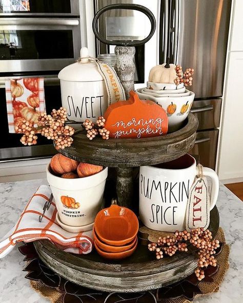 20 Interesting Pumpkin Decoration Ideas to Make Everything Look Fun this Fall Three Tiered Tray, Tier Trays, Fall Kitchen Decor, Tray Ideas, Fall Thanksgiving Decor, Fall Deco, Fall Kitchen, Farmhouse Fall Decor, Fall Time