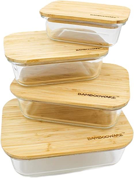 Amazon.com: Bambooware Glass Containers with Lids | Non Plastic Glassware Set - Natural Raw Organic Wooden Bamboo Lids | Set of 4 | Reusable, BPA Free | Perfect for Meal Prep, Lunch, Leftovers, Kitchen: Home & Kitchen Glass Containers With Lids, Meal Prep Lunch, Prep Lunch, Glass Storage Containers, Containers With Lids, Kitchen Containers, Cooking Supplies, Plastic Container Storage, Airtight Food Storage