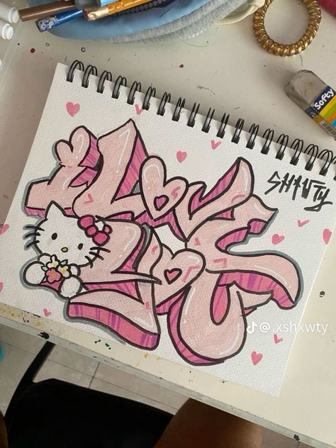 hello kitty Letter Drawings Doodles, How To Draw Words Letters, Cute Graffiti Drawings, Letter Font Ideas, Cute Things To Draw Hello Kitty, Graffiti Drawing Tattoo, Cute Graffiti Letters, Cute Graffiti Art, Graffiti Art Sketch