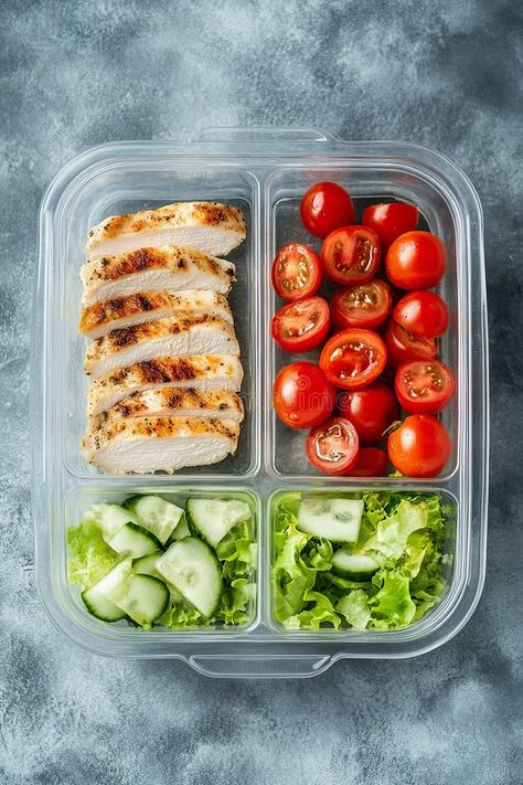 Healthy Meal Prep with Grilled Chicken, Tomatoes, Cucumber and Lettuce in Container royalty free stock photos Chicken Tomatoes, Chicken Meal Prep, Family Eating, Grilled Chicken Recipes, Meal Prep Containers, Green Salad, Healthy Meal Prep, Healthy Chicken, Healthy Foods To Eat