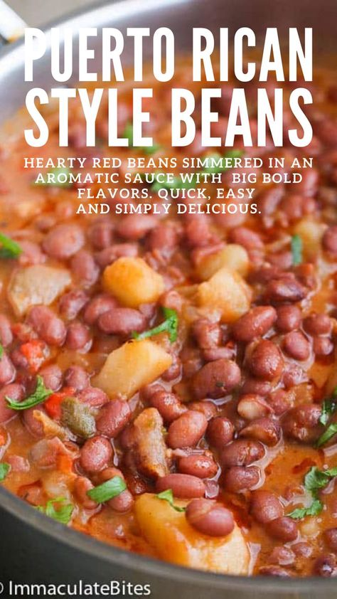 Puerto Rican Style Beans - most delicious beans to cook up. Easy yet tasty meat-free beans recipe - hearty stew of red beans, simmered in tomatoes, onions, garlic, bell pepper spices and chunks of potatoes and all the flavors fuse together beautifully. No complicated cooking method for this world cuisine, vegetarian, beans dish. 😊 Puerto Rican Rice And Beans With Chicken, Red Kidney Bean Recipes Spanish, Red Beans And Potatoes Recipe, Puerto Rican Beans Instant Pot, How To Make Puerto Rican Beans, Spanish Beans And Potatoes, Puerto Rican Red Beans Recipes, Puerto Rican Kidney Beans, Puerto Rico Beans