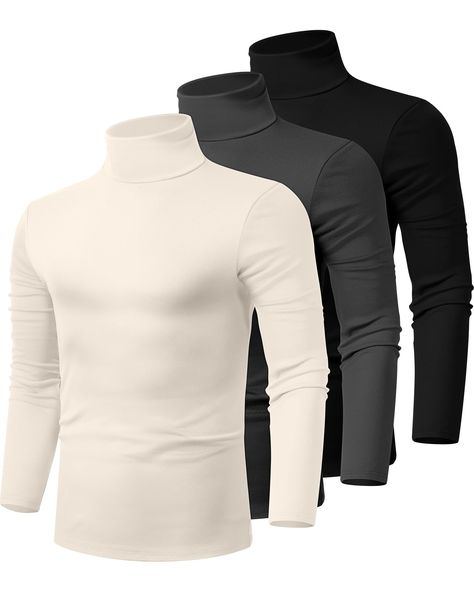 PRICES MAY VARY. Comfortable Material: the mock turtleneck top is made of 95% cotton and 5% spandex, a soft breathable stretch fabric, that don't feel heavy; Lightweight, not see through, and warm enough, suitable for layering in the cold weather and extended time outdoors Fitted Design: the neck and cuffs have a lot of softness but do not fall down or stretch out, the turtleneck is high and deep and can either be folded down flat or just allowed to slouch; Each look is nice and can give a well High Neck T Shirt, Neck Compression, Knitted T Shirt, T Shirt Basic, Turtle Neck Men, Mens Turtleneck, Stylish Jeans, Turtleneck Shirt, Shirts Long Sleeve