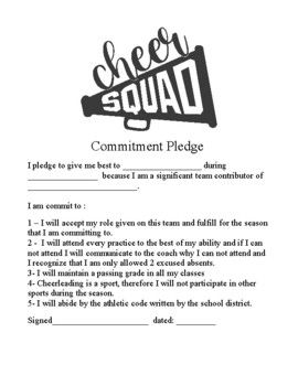 Each student that makes your cheer squad should know that they are making a commitment. Before the season starts or right after tryouts have them sign this commitment pledge. ... Cheer Team Contract, Cheer Binder Ideas, Cheer Coach Must Haves, Cheer Tryout Score Sheet, Cheer Practice Plan, Cheerleading Motions, Uca Cheer Camp, Cheer Formations, Cheer Swag