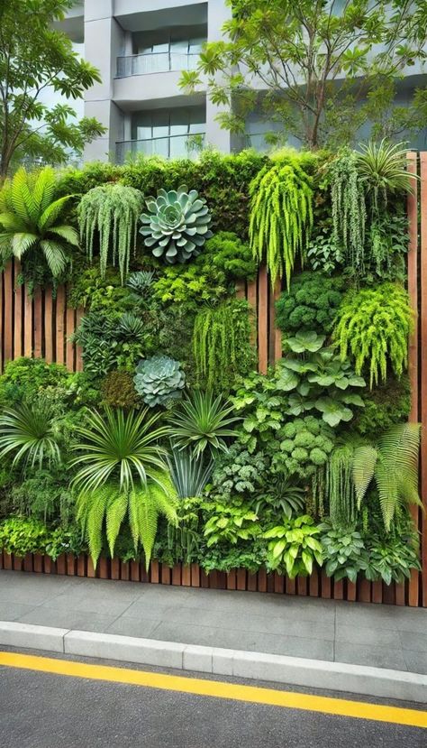 15 Chic Contemporary Fence Ideas to Elevate Your Home’s Curb Appeal 20 Outdoor Wall Design Ideas, Plant Wall Outdoor, Flower Wall Garden, Living Walls Outdoor, Backyard Fence Landscaping, Contemporary Fence, Plants On Walls, Modern Yard, Landscaping Along Fence