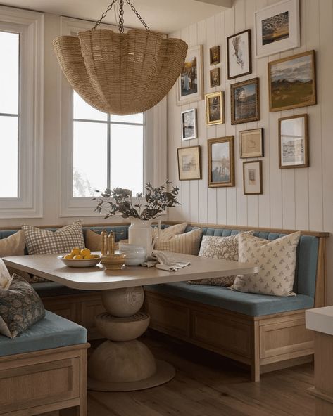 Ashley Montgomery, Seating In Kitchen, Dining Room Nook, Cozy Brunch, Banquette Seating In Kitchen, Blue Interiors, Kitchen Banquette, Kitchen Seating, Cottage Kitchens