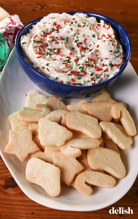 You've never had a sugar cookie like THIS before. Get the recipe at Delish.com. #recipe #easy #easyrecipes #delish #sugarcookie #cookies #baking #dessert #dessertrecipes #christmas #holiday #dip Sugar Cookie Dip, Cookie Dip, Sweet Dips, Sugar Cookie Frosting, Dessert Dips, Halloween Desserts, Christmas Snacks, Christmas Cooking, Savoury Cake