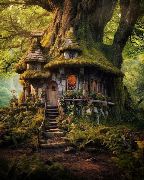 Mythical Tree House, Fairy House Forest, Medieval House Concept, Medieval House Concept Art, Fae House, Mythical Humans, Room Art Ideas, House Concept Art, Hobbit Style