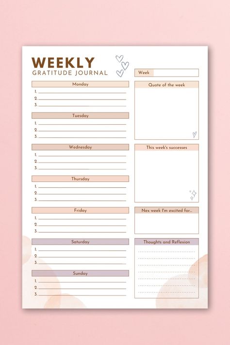 ♥This Weekly Gratitude Journal was designed to help you cultivate a more positive mindset by focusing on the good things in your life. ♥Use it to write down 3 things you are grateful for everyday of the week. ♥You can also use the extra space to choose your favorite quote to guide you, celebrate little or big successes as well as pour your thoughts onto paper. ♥You can print the Journal in 3 different sizes or fill it out digitally since PDF filalble file is included. Weekly Gratitude Journal Template, Gratitude Journal Layout, Weekly Gratitude Journal, Gratitude Journal Ideas, Weekly Gratitude, Journal Wellness, Journal Self Care, Gratitude Diary, Wellness Journal