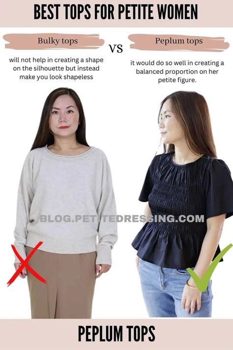 Tops For Petite Women, Peplum Top Outfits, Apple Body Shapes, Baggy Tops, Peplum Tops, Flattering Tops, Womenswear Fashion, Neckline Designs, Peplum Styles