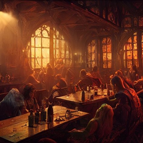 Tavern Party Fantasy Art, Fantasy Bar Concept Art, Tarven Fantasy Art, Fantasy Tavern Decor, Fantasy Pub Aesthetic, Fantasy Bar Aesthetic, Fantasy Tavern Concept Art, Tavern Lighting, Dnd Tavern Aesthetic