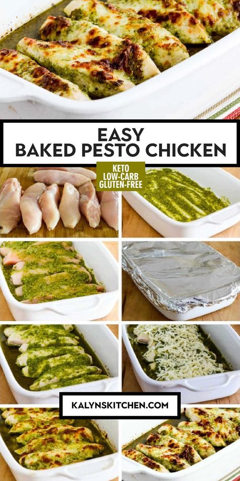 Pinterest image for Easy Baked Pesto Chicken in a white casserole baking dish on a colorful napkin, also step-by-step images of making this recipe. Pesto And Chicken Recipes, Easy Fancy Dinner Ideas, Pesto Chicken Recipes Baked, Chicken Pesto Recipes Baked, Pesto Marinated Chicken, Pesto Chicken Alfredo, Pesto Chicken Recipes Healthy, Easy Pesto Chicken Recipes, Pesto Recipe Chicken