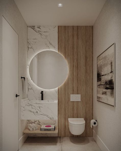 Half Bathroom Minimalist, Powder Room Interior Design Luxury, Powder Room Modern Ideas, Contemporary Powder Room Wallpaper, Bathroom Condo Ideas, Office Powder Room Ideas, Deep Blue Powder Room, Powder Room With Toilet Next To Sink, Half Bath Interior Design