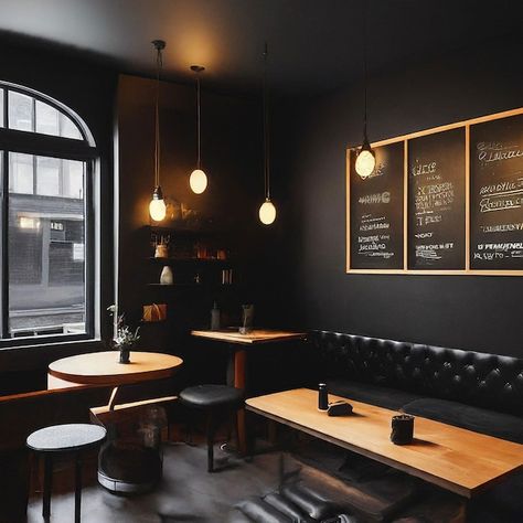 Dark Cafe Interior, Dark Restaurant Aesthetic, Coffeeshop Designs, Dark Cafe, Dark Restaurant, Themed Cafes, Black Theme, Book Cafe, Cafe Menu