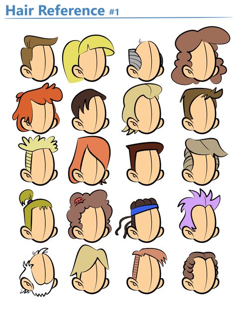 Cartoon Mullet Hair, Modern Cartoon Characters, Hair Reference Cartoon, Cartoon Drawings Hair, Cartoon Hair Ideas, Hair Color Illustration, Cartoon Head Reference, Hair Styles Cartoon, Cartoon Art Style Reference