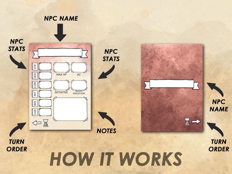 Dnd Dm Accessories, Dnd Dm Notes, Dnd Initiative Tracker Diy, Npc Character Sheet, Dm Screen Sheets, Dnd Dm Setup, Dnd Tracker, D D Campaign Ideas, Dnd Npc Sheet