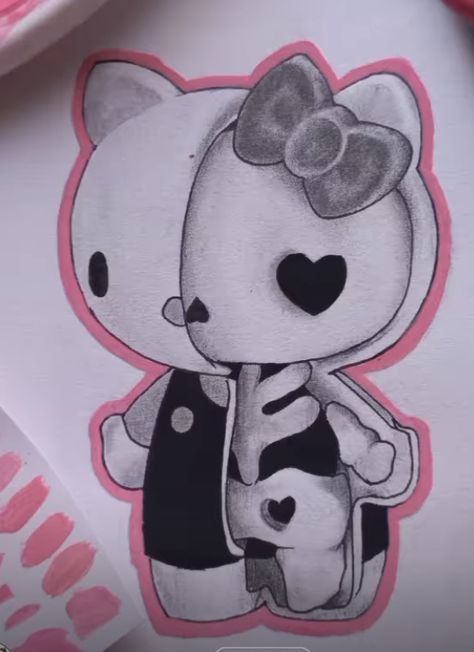 Drawing Ideas Hello Kitty And Spider Man, Cute Hello Kitty Sketch, Hello Kitty Half Skeleton Drawing, Hello Kitty X Spiderman Drawing, Hello Kitty Valentines Drawing, X Drawing Letter, Taylor Inspired Drawings, Y2k Drawing Ideas Hello Kitty, Hello Kitty Y2k Drawing