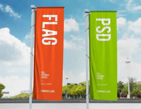 Two vertical flags mockup design on stre... | Premium Psd #Freepik #psd #banner #mockup #sky #flag Flag Mockup, Exhibition Banners, Banner Mockup, Street Banners, Best Flags, Sport Banner, Flag Banners, Flag Signs, Dog Tips