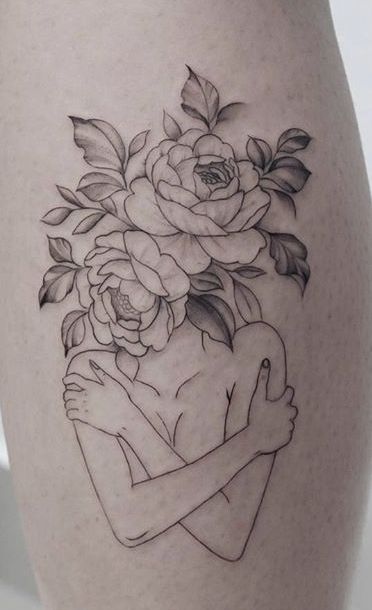 Lady Flower Head Tattoo, Women Silouhette Tattoos, Lady With Flowers Tattoo, Flowers Out Of Head Tattoo, The Overthinker Tattoo, Flowers Growing Out Of Body Drawing, Women With Flowers Tattoo, Lady Flower Tattoo, Flower Lady Tattoo