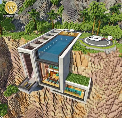 Minecraft Modern Cliffside House, Cute Minecraft Cliff Houses, Minecraft Modern Cliff House, Minecraft House In Cliff, Cool Minecraft House Ideas Modern, Mind Craft House Ideas, Cute Modern Minecraft Houses, Minecraft Modern Mountain House, Minecraft Cliff Side House