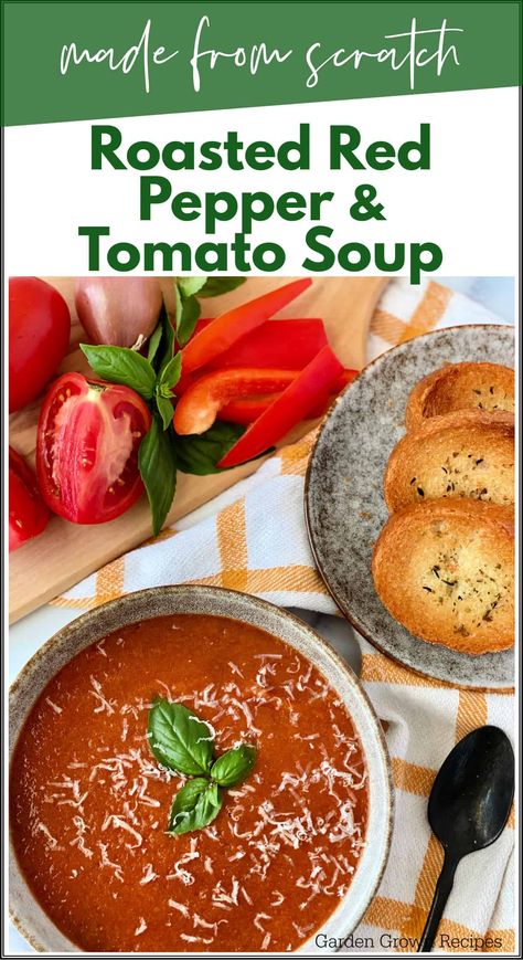 This roasted red pepper and tomato soup recipe made from scratch with fresh tomatoes and red bell peppers for an amazing garden fresh taste. Tomato And Roasted Red Pepper Soup, Red Pepper Tomato Soup, Red Pepper And Tomato Soup, Pepper And Tomato Soup, Paleo Soups, Creamy Broccoli Soup, Soups Recipes, Roasted Red Pepper Soup, Healthy Woman