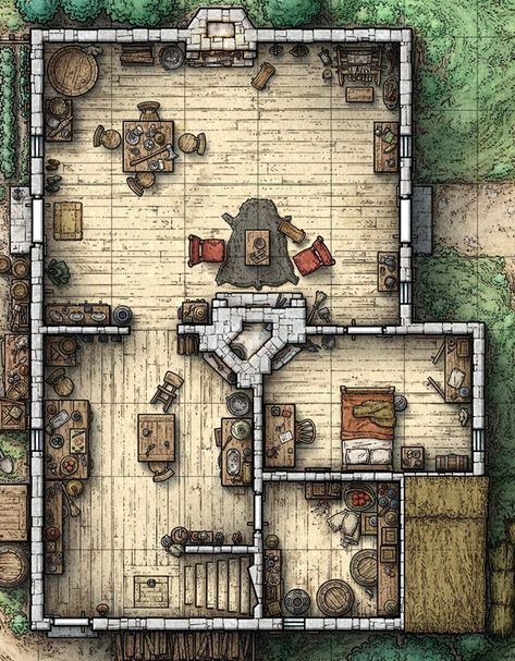 Cottage main floor (Interior view w. hidden secret room) Hatch to basement cellar Stairs up to 3 bedrooms Pathfinder Maps, Fantasy City Map, Map Layout, Dnd World Map, Building Map, Tabletop Rpg Maps, Interior View, Rpg Map, Town Map