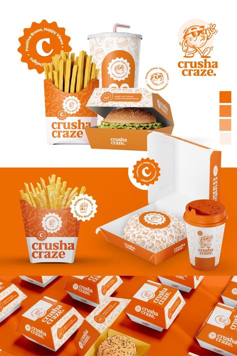 Crusha Craze Logo and Branding #eat #peruvian #etiqueta💤 Food Branding Identity, Food Business Branding, Street Food Logo Design Ideas, Blue And Orange Brand Identity, Retro Food Branding, Food Pattern Design, Food Brand Identity Design, Orange Packaging Design, Food Branding Ideas