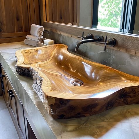 Elevate your bathroom with our handcrafted Live Edge Bathroom Sink. Featuring raw, organic edges and unique grain patterns, this sink brings rustic charm and natural beauty to any space. Experience the perfect blend of functionality and timeless design. Conceptual AI Art Follow @ecosapiens for more! Wood Sink Bathroom, Live Edge Bathroom, Wooden Sink, A-frame Interior, Rustic Sink, Wood Projects Plans, Wood Sink, Natural Bathroom, Space Experience