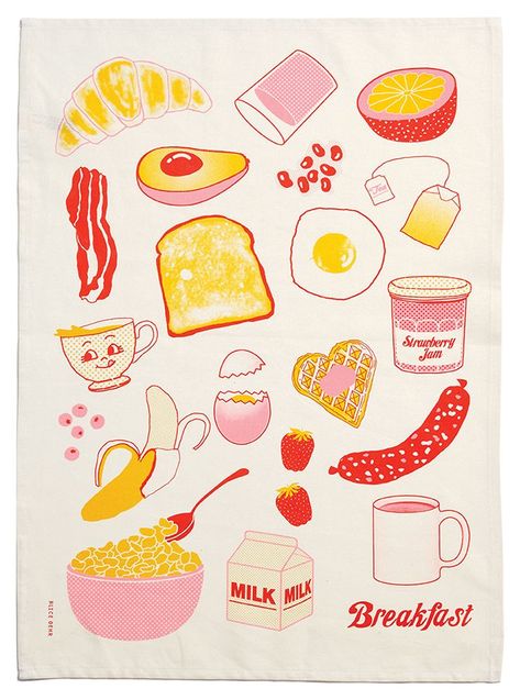 Cutest Breakfast tea towel EVER – Alice Oehr Breakfast Illustration Cute, Dinner Drawing Illustration, T Towels Ideas, Breakfast Drawing Illustration, Alice Oehr, Towel Illustration, Illustration Breakfast, Breakfast Print, Breakfast Painting