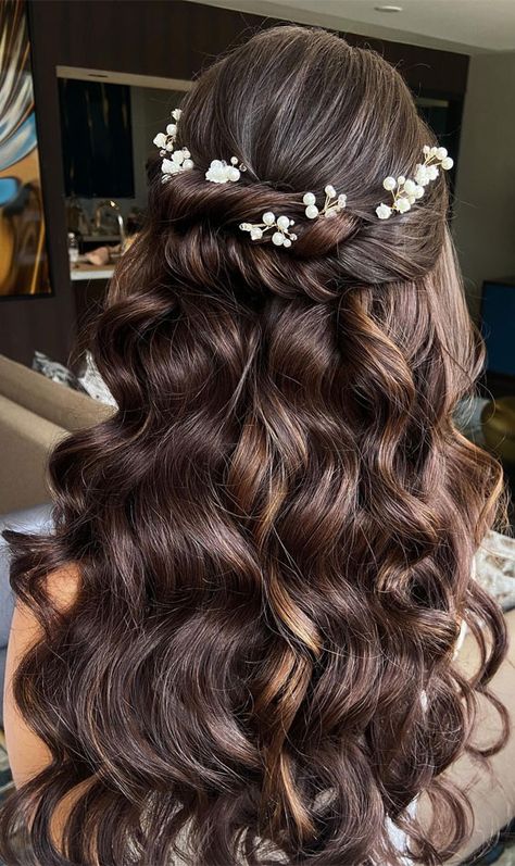 Ball Hair Half Up Half Down, Half Up Half Down Hair Inspo Prom, Hollywood Waves Wedding Half Up, Hollywood Waves With Braid, Red Carpet Hairstyles For Long Hair, Hollywood Waves Half Up, Half Up Hollywood Waves, Prom Hairstyles Half Up Half Down Medium, Formal Hairstyles Half Up Half Down