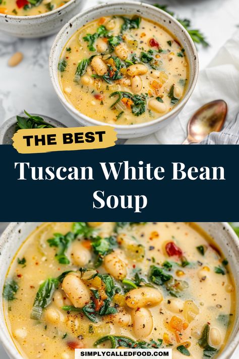 Discover the best Tuscan white bean soup recipe, an easy, quick, and simple homemade dinner. Creamy with kale, it's perfect for a healthy meal, vegan and vegetarian-friendly. Made with either vegetable or chicken broth, this authentic soup is inspired by Ina Garten's cuisine. You can prepare Tuscan white bean soup in a Crock Pot, instant pot, slow cooker, pressure cooker, or stove top. Explore this Tuscan white bean soup recipe and more soup recipes at simplycalledfood.com. Tuscan Chicken Bean Soup, Soup Recipes Fall Healthy, Tuscan White Bean Soup With Chicken, Tuscan Soup Healthy, Soup Recipes With Vegetable Broth, White Beans And Kale Soup, Vegetarian Tuscan Soup, Easy Healthy Soups To Make, Tuscan Bean And Kale Soup