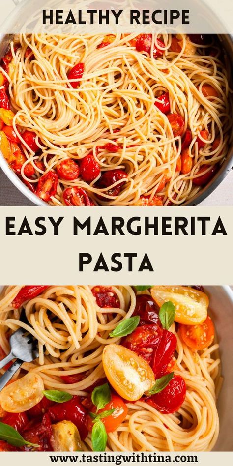 Margherita pasta is the easiest fresh pasta dish! With juicy tomatoes, sweet basil, and spaghetti, this 20 minute dinner is ideal for busy nights. Margarita Pasta, Pasta Fresca Recipe, Margherita Pasta, Creamy Pesto Pasta, Summer Recipes Dinner, Yummy Pasta Recipes, Sweet Basil, Dinner Inspiration, Juicy Tomatoes