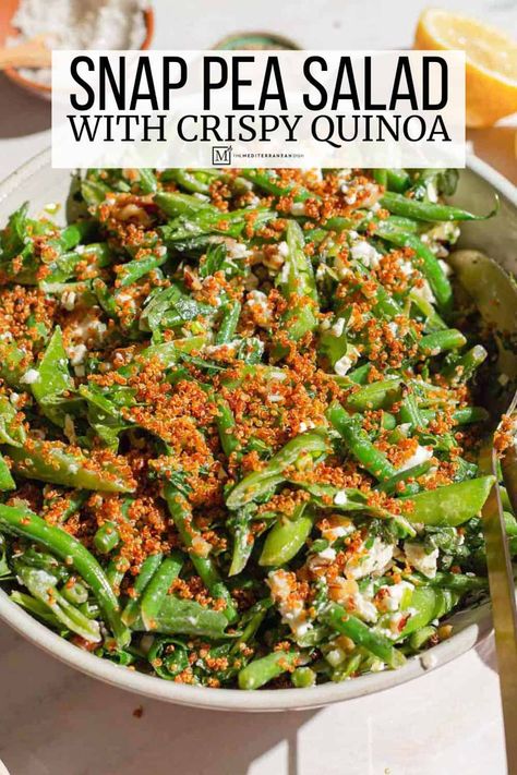 Snap Pea Salad with Green Beans, Walnuts, and Crispy Quinoa August Ideas, Grain Salad Recipes, Spinach Recipes Healthy, Mediterranean Salad Recipe, Snap Pea Salad, Week Meals, Pea Salad Recipes, Mediterranean Foods, Crispy Quinoa