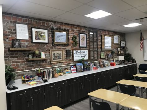 Dark Acadamia Classroom, Brick Bulletin Board Ideas, Brick Bulletin Board Classroom, Dark Academia Aesthetic Classroom, Brick Wall Classroom Decor, Brick Classroom Decor, Academia Classroom Aesthetic, Moody Classroom Decor, Moody Classroom