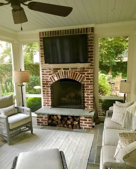 Fireplace Screened Porch, Screened Porch Storage Ideas, Screened In Porch With Brick Fireplace, Outdoor Fireplace With Log Storage, Outdoor Fireplace With Hearth, Screen Porch Fireplace Ideas, Outdoor Fireplace In Screened In Porch, Brick Fireplace On Porch, Screen In Porch With Fireplace