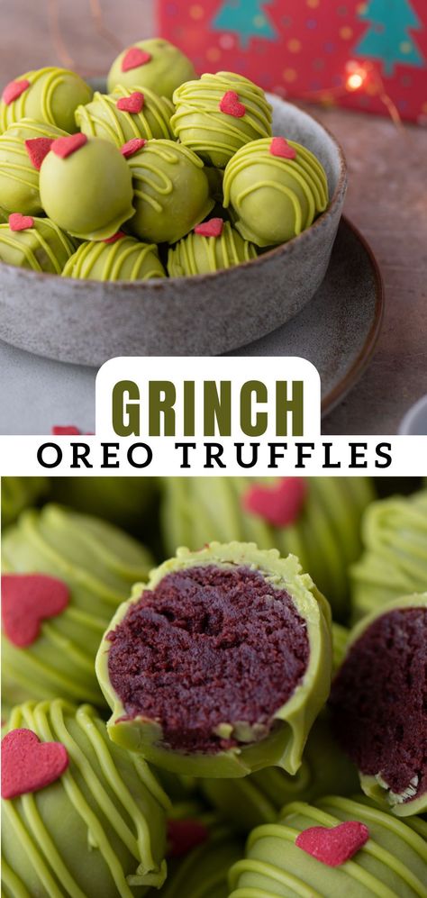 This Grinch Oreo Truffles recipe is just about the cutest thing you can make for this upcoming holiday season! With its vibrant and bright colors and soft and doughy-like texture, you’ll have everyone mesmerized with the look and taste of these Grinch Christmas truffles. Follow along with this easy recipe to find out how to make them! Oreo Truffles Recipe Christmas, Grinch Truffles Recipe, Christmas Tree Truffles, Christmas Inspired Desserts, Grinch Trifle, The Grinch Desserts, Grinch Oreo Truffles, Christmas Tree Cake Truffles, Blue Christmas Truffles